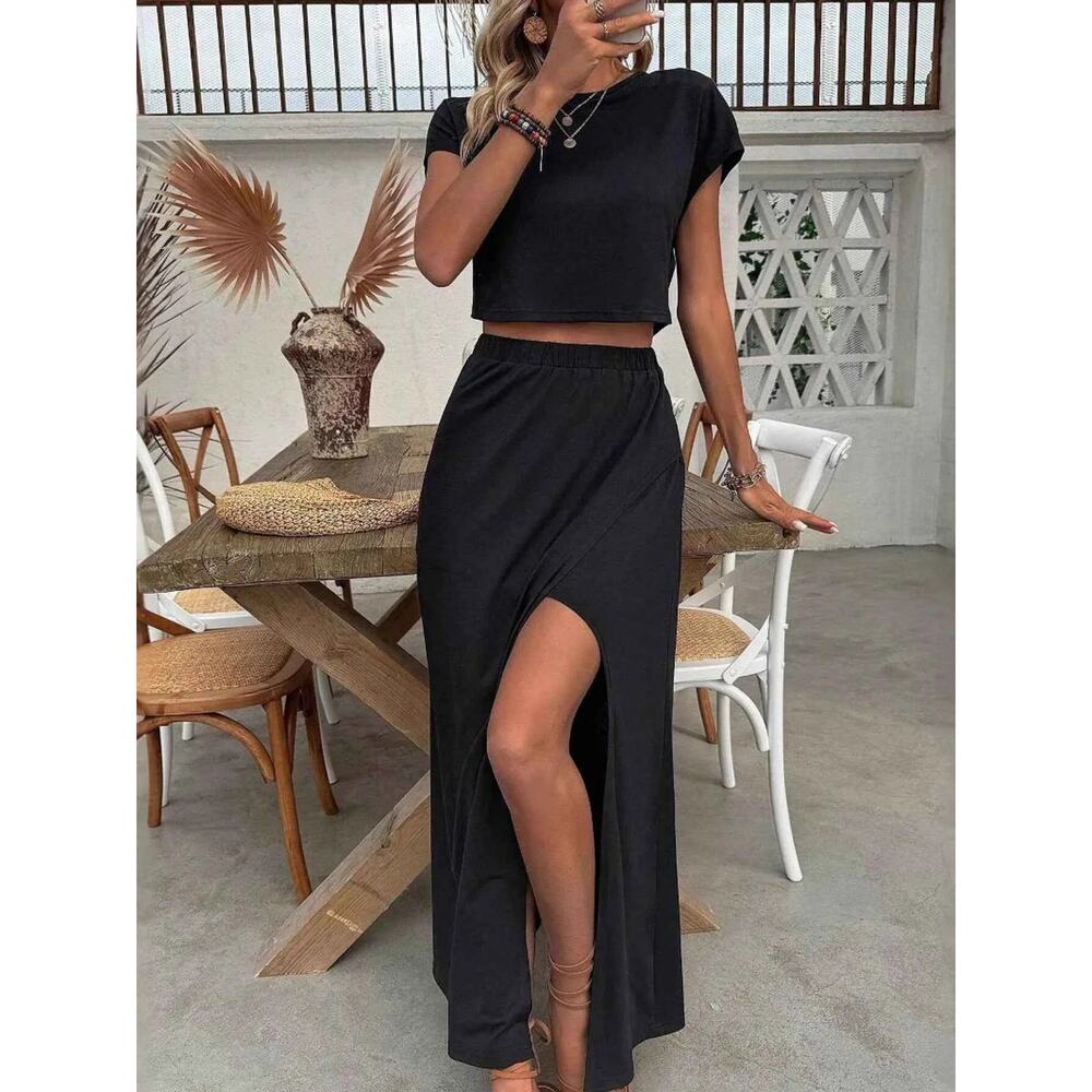 Round Neck Top and Slit Skirt Set